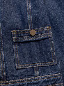 Girls' Denim Jacket, Spring/Autumn New Arrival, Casual Preppy Style, Original Color Washed Denim With Gold Buttons, Short Denim Jacket, Loose Fit, Deep Blue Round Neck Long Sleeve Design, Casual Outerwear For Girls, Suitable For School, Daily Wear, Outings, Street Style - Blue - View 5