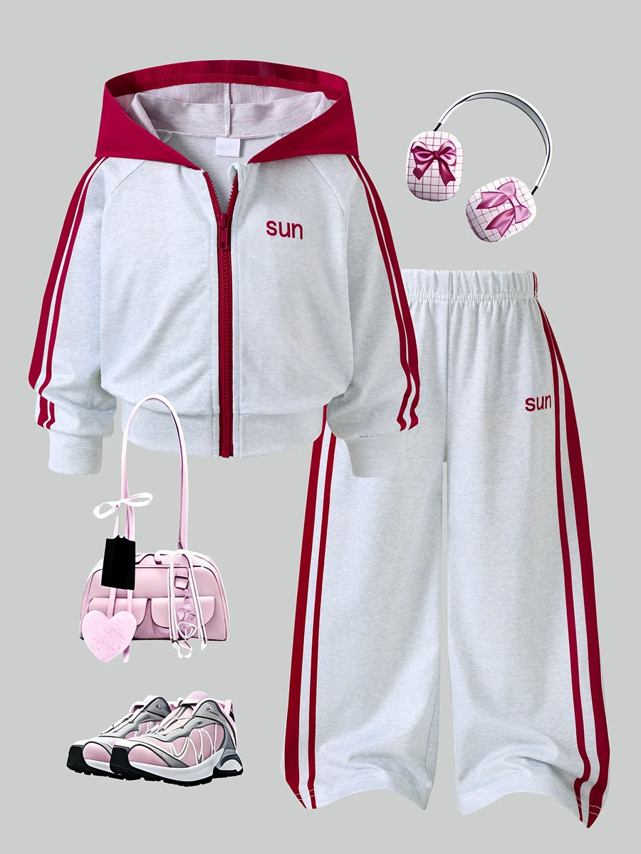 SHEIN Streecool 青少女 2 件套秋季服飾,常規厚度針織休閒百搭連帽拉鍊運動外套與寬鬆寬腿長褲套裝,馬術運動圖案印花裝飾,適合休閒運動 - 灰色 - 查看 1