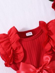 Glamorique Kids Baby Girl Cap Sleeve Rib Mesh Round Neck Princess Summer Dress With Belt - Red - View 6
