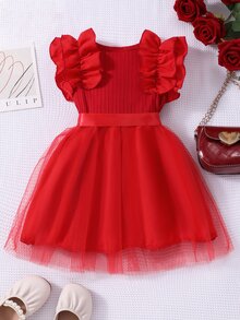 Glamorique Kids Baby Girl Cap Sleeve Rib Mesh Round Neck Princess Summer Dress With Belt - Red - View 3