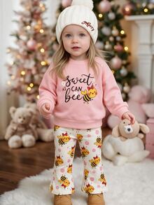 Baby Girl Autumn/Winter Cute Sweet Allover Print Long Sleeve Sweatshirt And All-Over Pattern Flared Pants Set - Multicolor - View 3