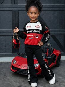 2pcs/Set, Girls Racing Print Outfit, Includes Soft Fabric Hooded Pullover Sweatshirt And Flare Pants, Fashionable Versatile And Energetic, Suitable For Autumn/Winter - Multicolor - View 4