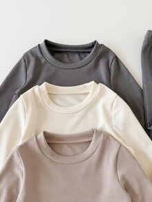 SHEIN 3套6件組 幼童男童 T恤長褲套裝 米白色 棕色 灰色 羅紋素色 長袖圓領 派對 家庭里程碑 秋季 萬聖節 聖誕節 - 彩色 - 查看 4