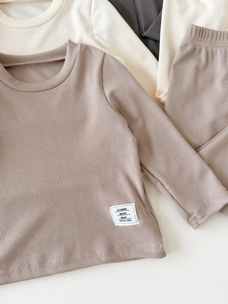 SHEIN 3 Sets 6pcs Toddler Boys T-Shirt Pants Off-White Brown Grey Ribbed Solid Long Sleeve Round Neck Party Family Milestone Autumn Halloween Christmas - Multicolor - View 5