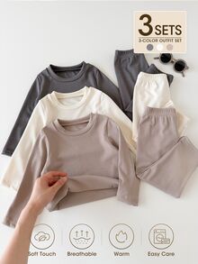 SHEIN 3套6件組 幼童男童 T恤長褲套裝 米白色 棕色 灰色 羅紋素色 長袖圓領 派對 家庭里程碑 秋季 萬聖節 聖誕節 - 彩色 - 查看 1