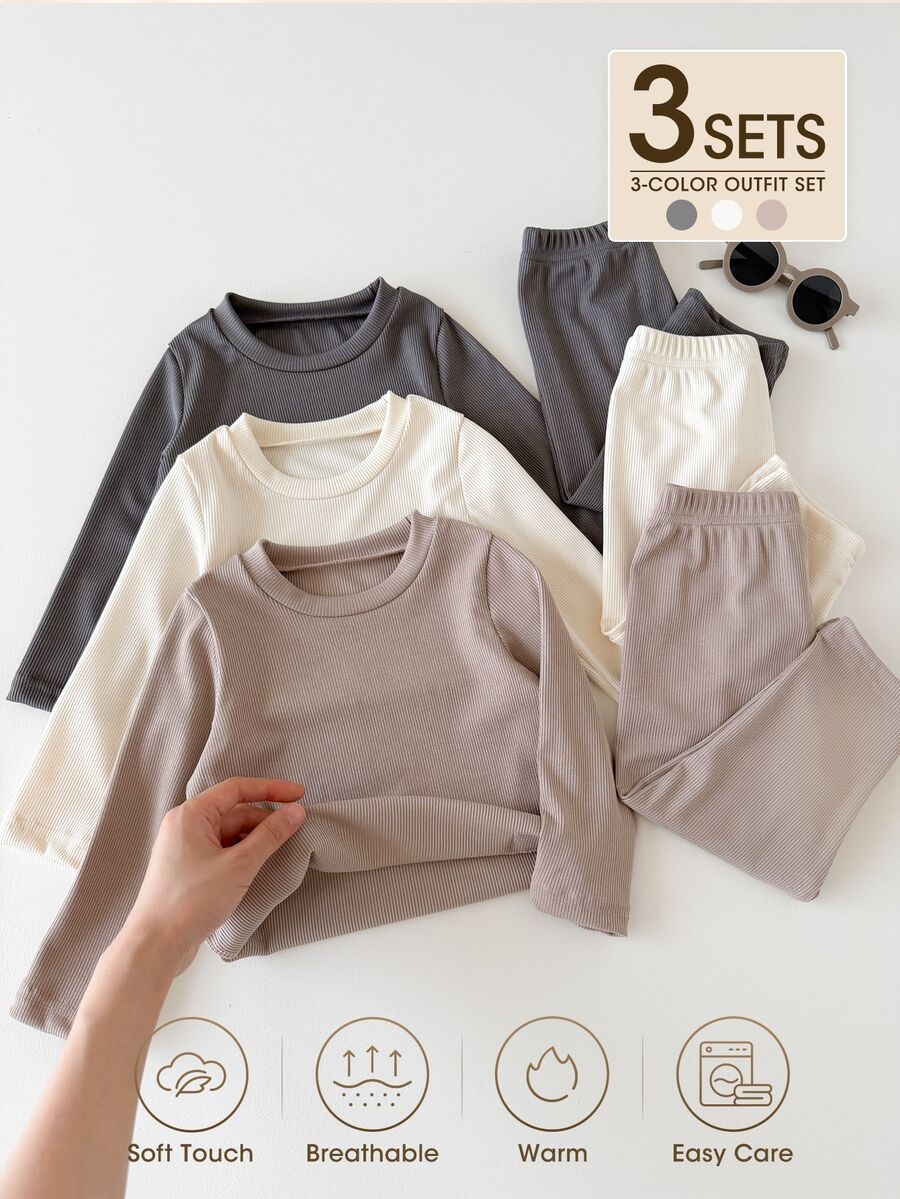SHEIN 3套6件組 幼童男童 T恤長褲套裝 米白色 棕色 灰色 羅紋素色 長袖圓領 派對 家庭里程碑 秋季 萬聖節 聖誕節 - 彩色 - 查看 1