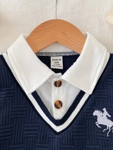 Souflis Souflis 男嬰 1 件裝 秋冬 2 合 1 條紋鈕扣 Polo 針織衫，學院風騎士刺繡長袖休閒上衣 - 寶藍色 - 查看 8