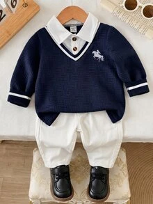 Souflis Souflis 男嬰 1 件裝 秋冬 2 合 1 條紋鈕扣 Polo 針織衫，學院風騎士刺繡長袖休閒上衣 - 寶藍色 - 查看 3