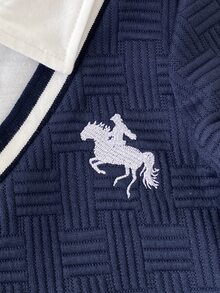 Souflis Souflis 男嬰 1 件裝 秋冬 2 合 1 條紋鈕扣 Polo 針織衫，學院風騎士刺繡長袖休閒上衣 - 寶藍色 - 查看 4