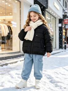 SHEIN Elladie kids 女童冬季外套街頭風長袖秋季衣物，適合冬季、聖誕、上學，嬰兒白色上衣，天鵝絨加厚中性款 4-7Y - 黑色 - 查看 4