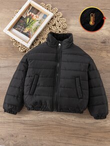 SHEIN Elladie kids 女童冬季外套街頭風長袖秋季衣物，適合冬季、聖誕、上學，嬰兒白色上衣，天鵝絨加厚中性款 4-7Y - 黑色 - 查看 7