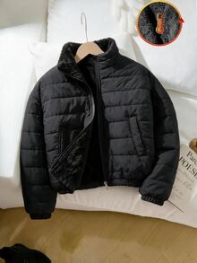 SHEIN Elladie kids 女童冬季外套街頭風長袖秋季衣物，適合冬季、聖誕、上學，嬰兒白色上衣，天鵝絨加厚中性款 4-7Y - 黑色 - 查看 3