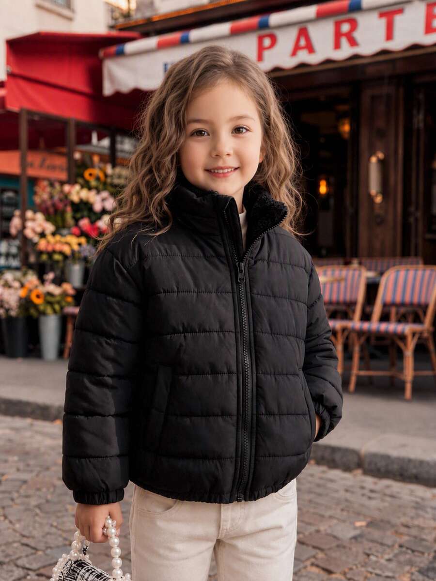 SHEIN Elladie kids 女童冬季外套街頭風長袖秋季衣物,適合冬季、聖誕、上學,嬰兒白色上衣,天鵝絨加厚中性款 4-7Y - 黑色 - 查看 1