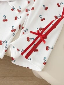 SHEIN Elladie kids 女童櫻桃印花兩件套，上衣配落肩短袖、雙白色條紋、蝴蝶結裝飾，長褲，適合學校、幼兒園、生日、夏季 - 白色 - 查看 6