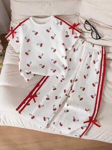 SHEIN Elladie kids 女童櫻桃印花兩件套，上衣配落肩短袖、雙白色條紋、蝴蝶結裝飾，長褲，適合學校、幼兒園、生日、夏季 - 白色 - 查看 5