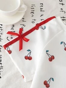 SHEIN Elladie kids 女童櫻桃印花兩件套，上衣配落肩短袖、雙白色條紋、蝴蝶結裝飾，長褲，適合學校、幼兒園、生日、夏季 - 白色 - 查看 7