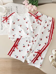 SHEIN Elladie kids 女童櫻桃印花兩件套，上衣配落肩短袖、雙白色條紋、蝴蝶結裝飾，長褲，適合學校、幼兒園、生日、夏季 - 白色 - 查看 8
