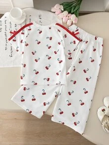 SHEIN Elladie kids 女童櫻桃印花兩件套，上衣配落肩短袖、雙白色條紋、蝴蝶結裝飾，長褲，適合學校、幼兒園、生日、夏季 - 白色 - 查看 3