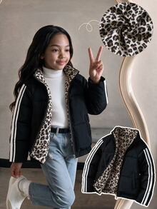 SHEIN Elladie kids 女款休閒甜美風雙肩帶豹紋內裡寬鬆加厚填充面包外套，適合冬季日常通勤 - 黑色 - 查看 5