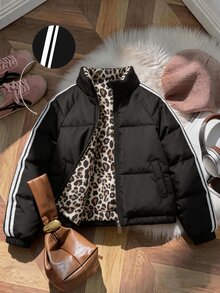 SHEIN Elladie kids 女款休閒甜美風雙肩帶豹紋內裡寬鬆加厚填充面包外套，適合冬季日常通勤 - 黑色 - 查看 1