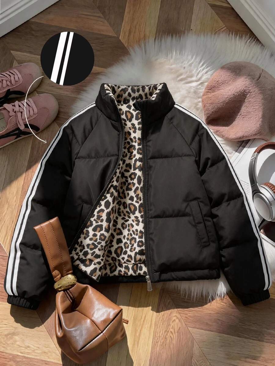 SHEIN Elladie kids 女款休閒甜美風雙肩帶豹紋內裡寬鬆加厚填充面包外套,適合冬季日常通勤 - 黑色 - 查看 1