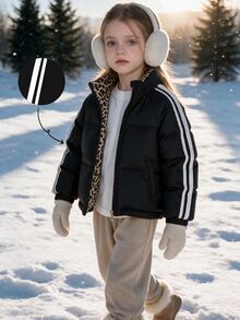SHEIN Elladie kids 女款休閒甜美風雙肩帶豹紋內裡寬鬆加厚填充面包外套，適合冬季日常通勤 - 黑色 - 查看 4