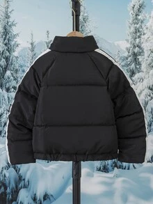 SHEIN Elladie kids 女款休閒甜美風雙肩帶豹紋內裡寬鬆加厚填充面包外套，適合冬季日常通勤 - 黑色 - 查看 2