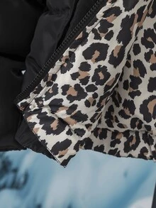 SHEIN Elladie kids 女款休閒甜美風雙肩帶豹紋內裡寬鬆加厚填充面包外套，適合冬季日常通勤 - 黑色 - 查看 8