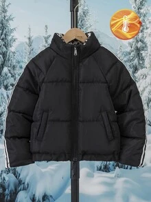 SHEIN Elladie kids 女款休閒甜美風雙肩帶豹紋內裡寬鬆加厚填充面包外套，適合冬季日常通勤 - 黑色 - 查看 9