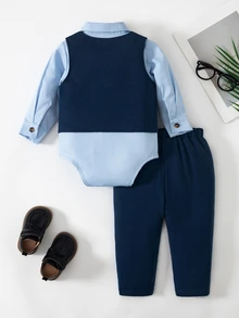 SHEIN 3件套幼儿男童绅士风西装套装：西装外套、马甲和长袖衬衫，秋冬款 - 藍色 - 查看 3