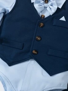 SHEIN 3件套幼儿男童绅士风西装套装：西装外套、马甲和长袖衬衫，秋冬款 - 藍色 - 查看 7