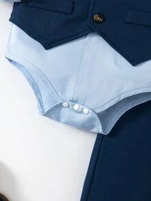 SHEIN 3件套幼儿男童绅士风西装套装：西装外套、马甲和长袖衬衫，秋冬款 - 藍色 - 查看 5