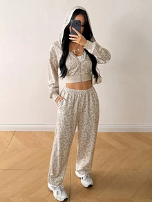SHEIN EZwear Black And White Leopard Print Knit Women's Long Sleeve Zip-Up Hooded Sweatshirt And Pants 2 Pieces Set Travel Fall Casual - Multicolor - View 3
