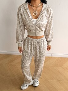 SHEIN EZwear Black And White Leopard Print Knit Women's Long Sleeve Zip-Up Hooded Sweatshirt And Pants 2 Pieces Set Travel Fall Casual - Multicolor - View 5