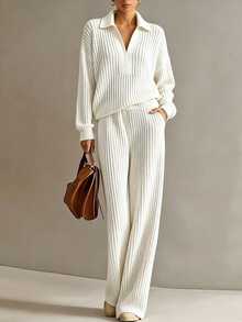SHEIN Setelan 2 Potong Wanita Minimalis Fashion Polo Kerah Kasual Serbaguna - Putih - View 4