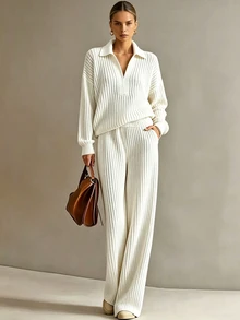 SHEIN Setelan 2 Potong Wanita Minimalis Fashion Polo Kerah Kasual Serbaguna - Putih - View 2