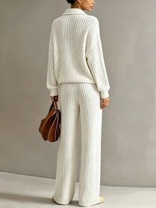 SHEIN Setelan 2 Potong Wanita Minimalis Fashion Polo Kerah Kasual Serbaguna - Putih - View 3