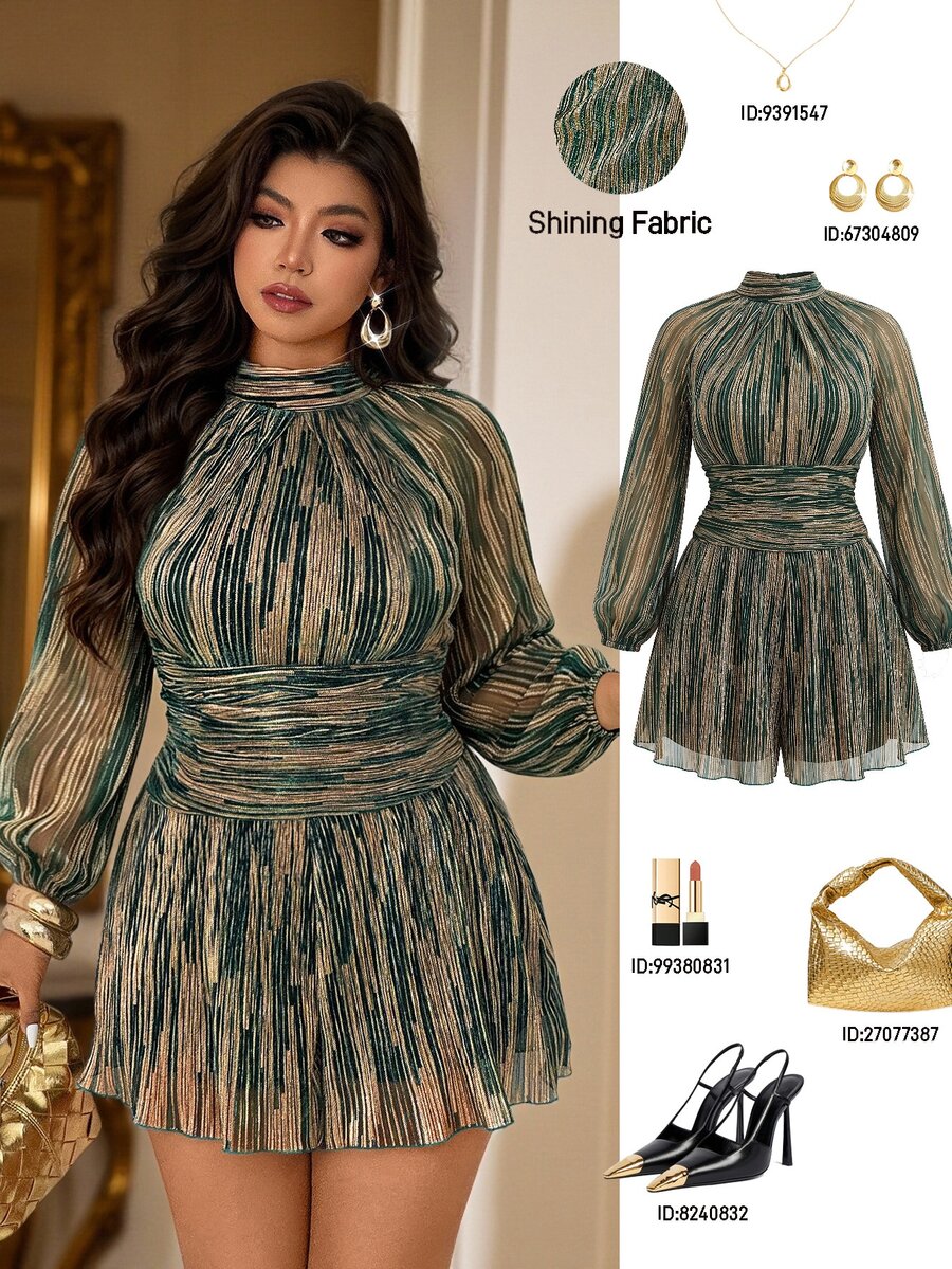 Femmeverse Plus Size Women's Fashion Sexy Halter Neck Pleated Metallic Fabric A-Line Lantern Sleeve Romper - Dark Green - View 1