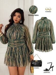 Femmeverse Plus Size Women's Fashion Sexy Halter Neck Pleated Metallic Fabric A-Line Lantern Sleeve Romper - Dark Green - View 9