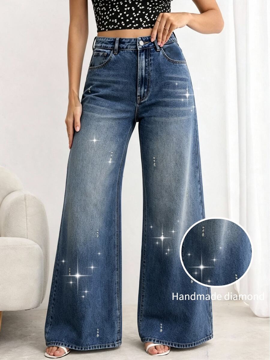 Elenzga Spring/Autumn Heavy-Duty Washed Denim Rhinestone Wide-Leg Jeans High-Waist Loose Fit Flattering For Pear-Shaped Body Slimming Large A-Line Pants