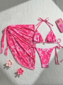 SHEIN Swim 3件組女款隨機印花掛脖式沙灘裙，繫帶復古度假比基尼套裝，夏季 - 粉色 - 查看 5