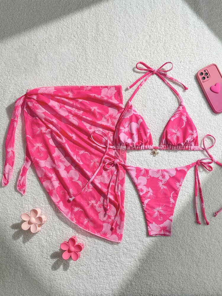 Swim Mod 3pcs/Set Women's Random Print Halter Neck Beach Skirt, Tie-Up Retro Holiday Bikini Set, Summer - Pink - View 4