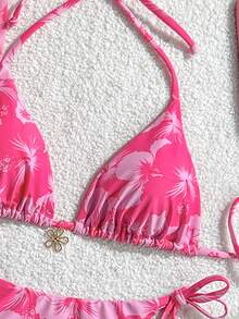 SHEIN Swim 3件組女款隨機印花掛脖式沙灘裙，繫帶復古度假比基尼套裝，夏季 - 粉色 - 查看 6