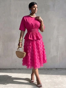 BamGlimmer Women's Rose Red 3D Floral Elegant Party 2 Pieces Set - Hot Pink - View 7