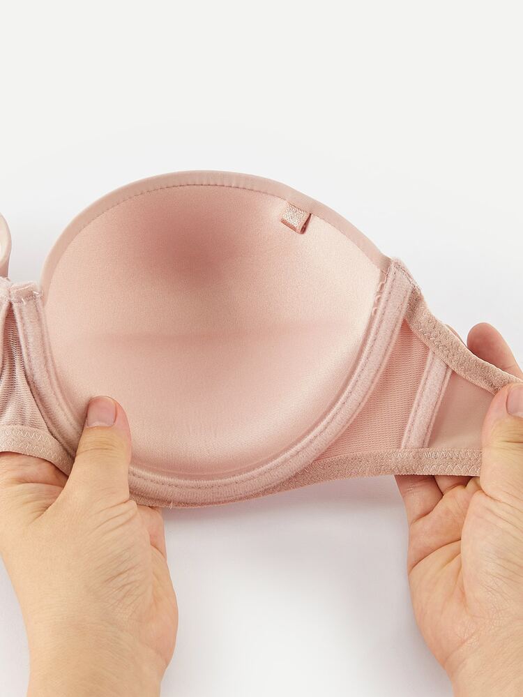 SHEIN Bra Balconette Berkawat Berwarna Pink dengan Bantalan, Penopang Tinggi, Mengangkat dan Membentuk Belahan Dada, Tanpa Tali, Tali Tak Terlihat, Bra Pernikahan Nyaman untuk Wanita - Berwarna merah muda - View 11