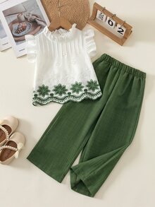 SHEIN Elladie kids 2件組女童夏季新款小圓領露背水滴藍蝴蝶結仿刺繡印花布料荷葉袖前綴蝴蝶結裝飾上衣休閒直筒短褲簡約復古時尚套裝 - 軍綠色 - 查看 9