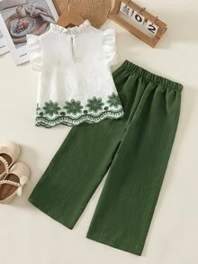 SHEIN Elladie kids 2件組女童夏季新款小圓領露背水滴藍蝴蝶結仿刺繡印花布料荷葉袖前綴蝴蝶結裝飾上衣休閒直筒短褲簡約復古時尚套裝 - 軍綠色 - 查看 3