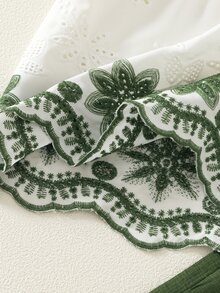 SHEIN Elladie kids 2件組女童夏季新款小圓領露背水滴藍蝴蝶結仿刺繡印花布料荷葉袖前綴蝴蝶結裝飾上衣休閒直筒短褲簡約復古時尚套裝 - 軍綠色 - 查看 4