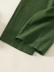 SHEIN Elladie kids 2件組女童夏季新款小圓領露背水滴藍蝴蝶結仿刺繡印花布料荷葉袖前綴蝴蝶結裝飾上衣休閒直筒短褲簡約復古時尚套裝 - 軍綠色 - 查看 8