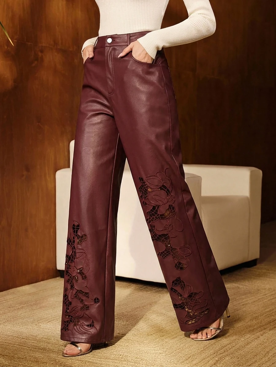Anewsta Women's PU Leather Burgundy Hollow Embroidery Long Pants - Burgundy - View 1